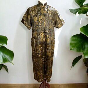 Vintage 1950s Dream Wear House Dress Black and Gold Asian Print Size M/L